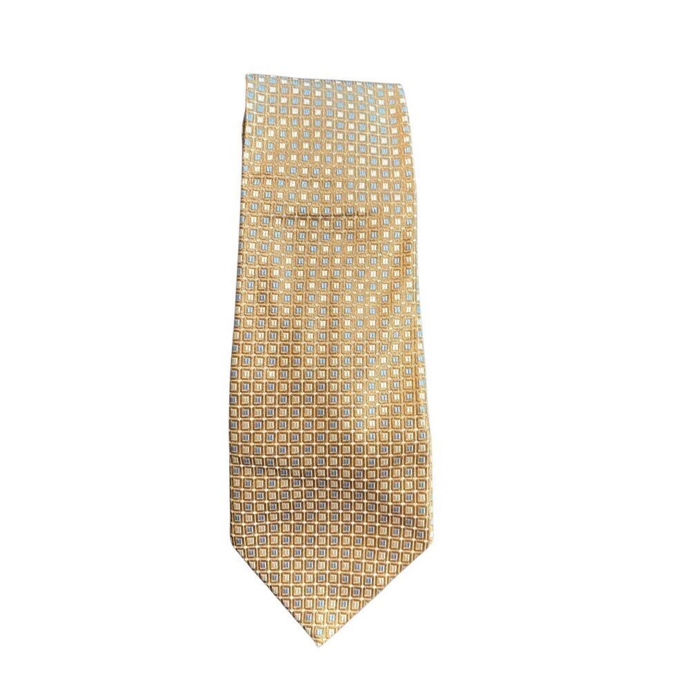 Frank Stella vintage men’s black print, tan blue and white silk tie, 57.